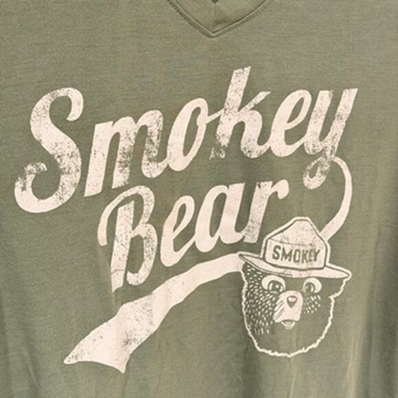 Smokey Bear Women’s V-Neck Graphic T-Shirt Sage Green Basic Outdoors Smoky Bear - Picture 3 of 5